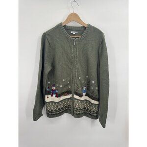 Vintage Croft & Barrow Y2K XLarge Cardigan Snowman Grandma Embroidered Winter